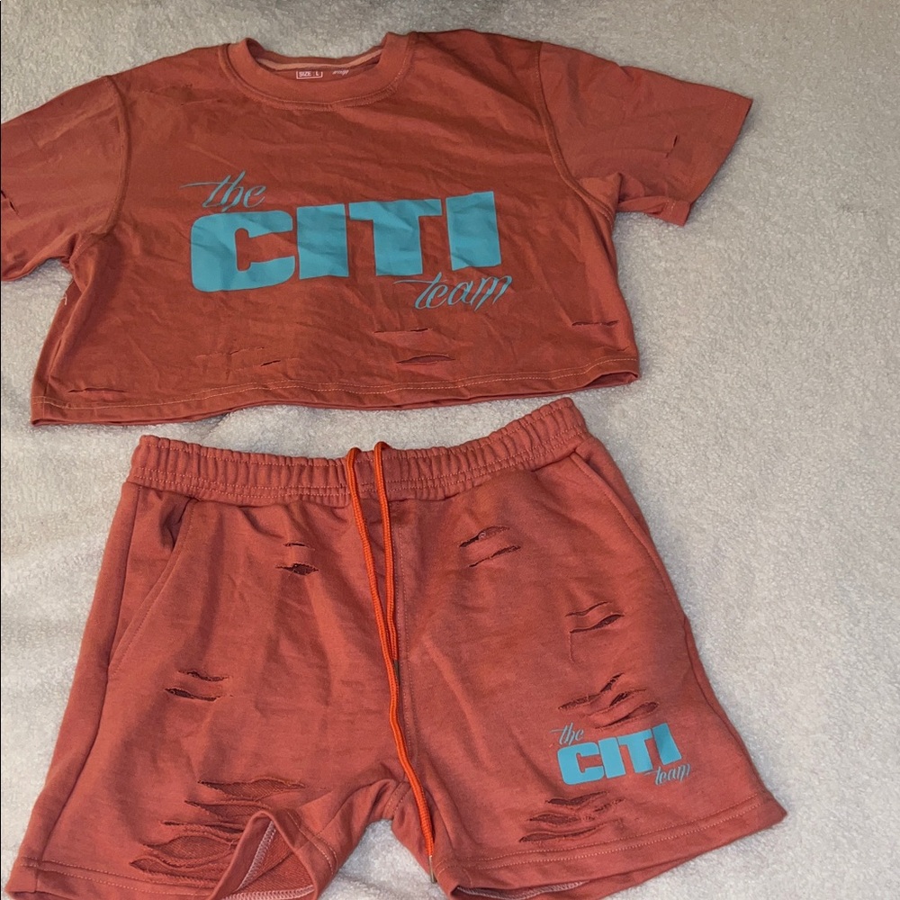 Rust Distressed Crop Top and Shorts Set